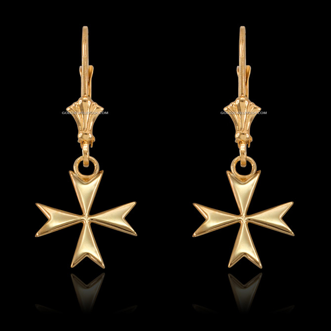 14K Yellow Gold Maltese Cross Earrings