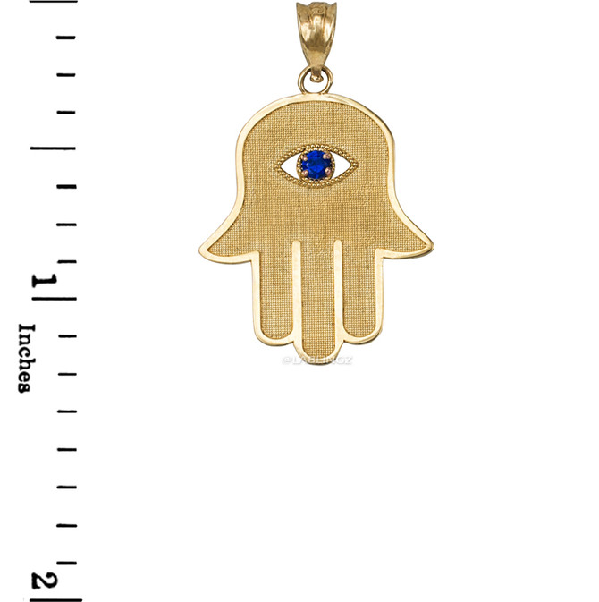 Yellow Gold Hamsa Blue CZ Evil Eye Pendant Necklace