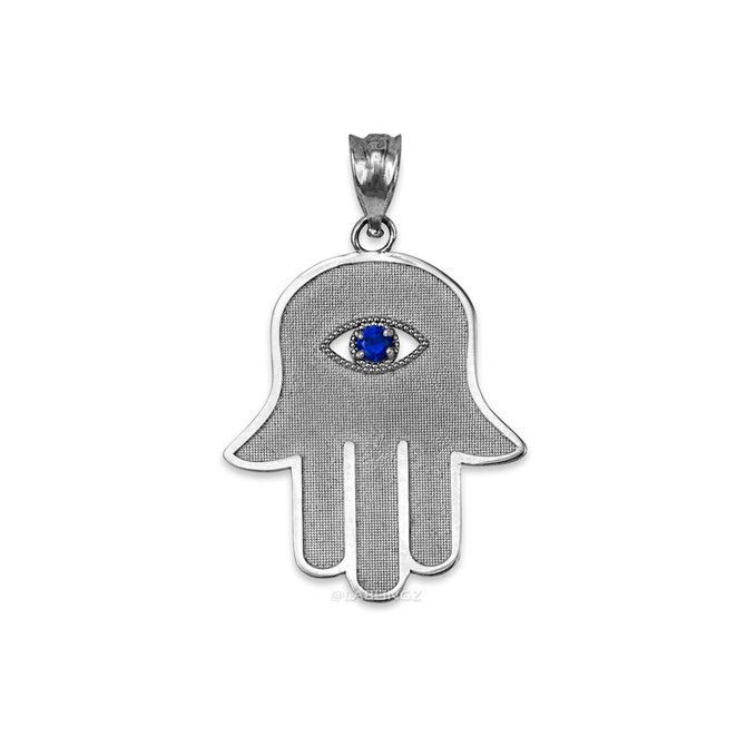 White Gold Hamsa Blue CZ Evil Eye Pendant Necklace