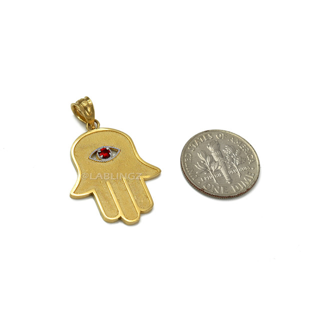 Yellow Gold Hamsa Red CZ Evil Eye Pendant Necklace