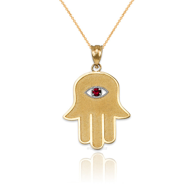 Yellow Gold Hamsa Red CZ Evil Eye Pendant Necklace