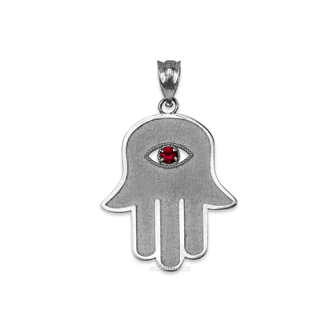 White Gold Hamsa Red CZ Evil Eye Pendant Necklace