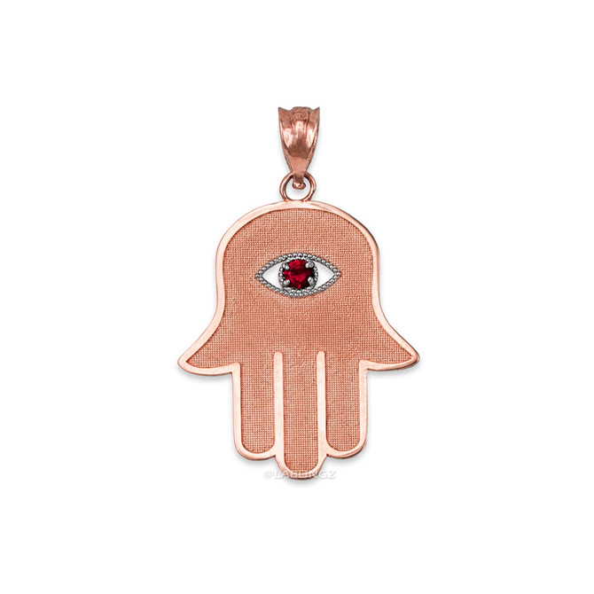 Rose Gold Hamsa Red CZ Evil Eye Pendant Necklace