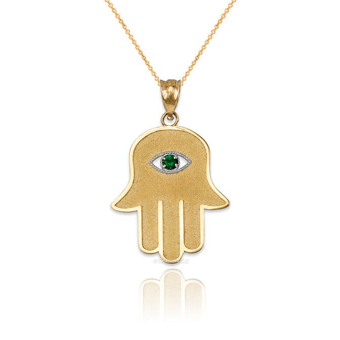 Yellow Gold Hamsa Green CZ Evil Eye Pendant Necklace