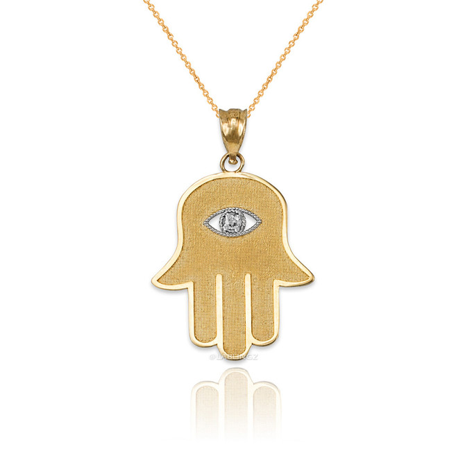 Yellow Gold Hamsa Clear CZ Evil Eye Pendant Necklace