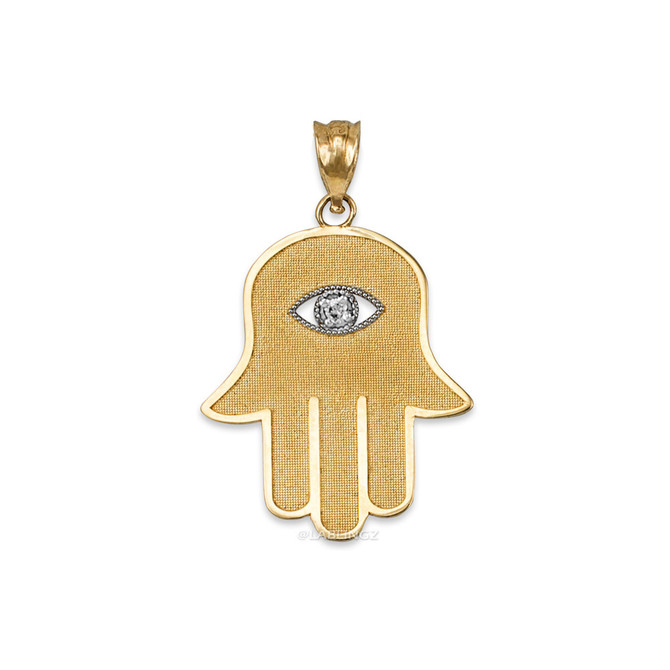 Yellow Gold Hamsa Clear CZ Evil Eye Pendant Necklace