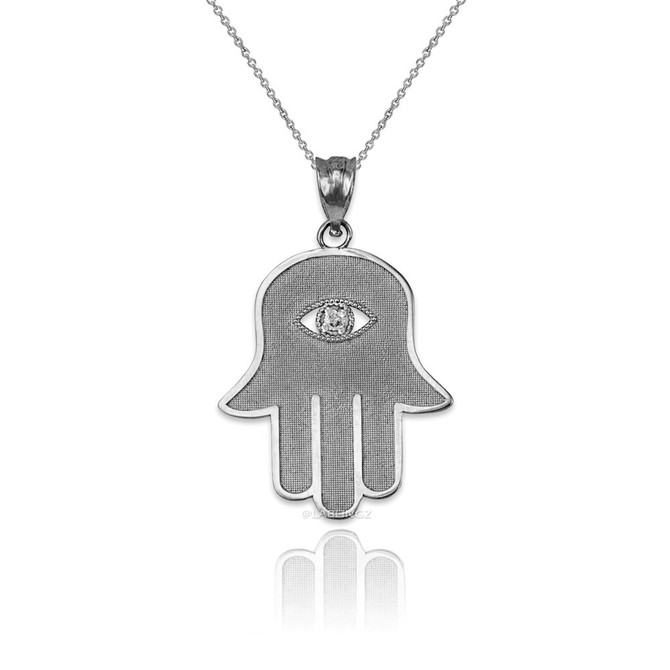 White Gold Hamsa Clear CZ Evil Eye Pendant Necklace