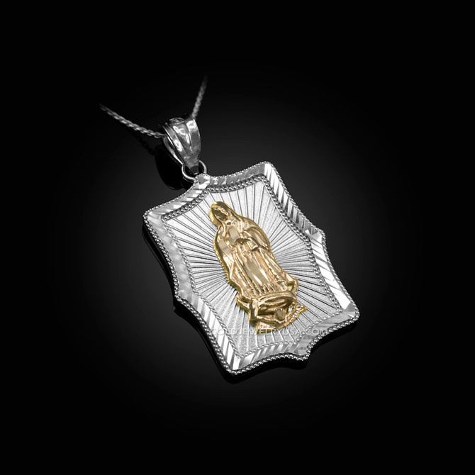 Two-Tone White & Yellow Gold  Virgin Mary DC Pendant Necklace