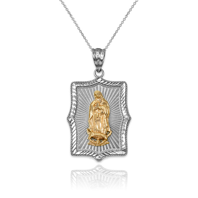 Two-Tone White & Yellow Gold  Virgin Mary DC Pendant Necklace