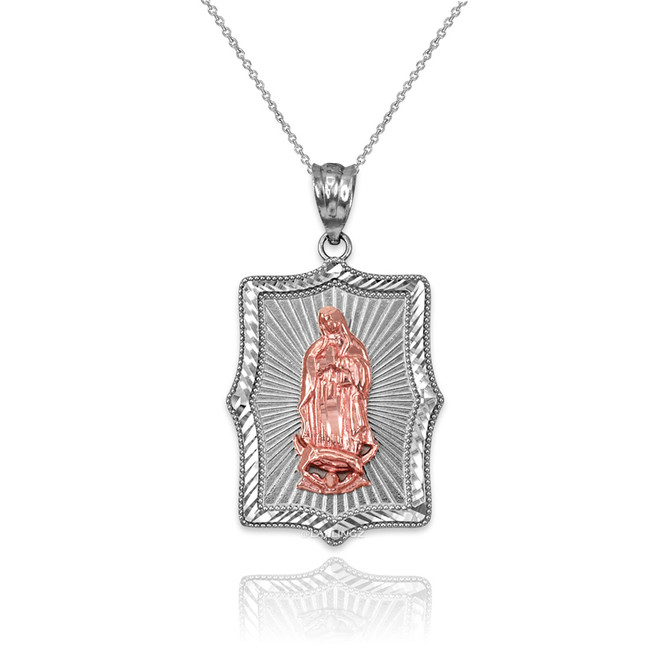 Two-Tone White & Rose Gold  Virgin Mary DC Pendant Necklace