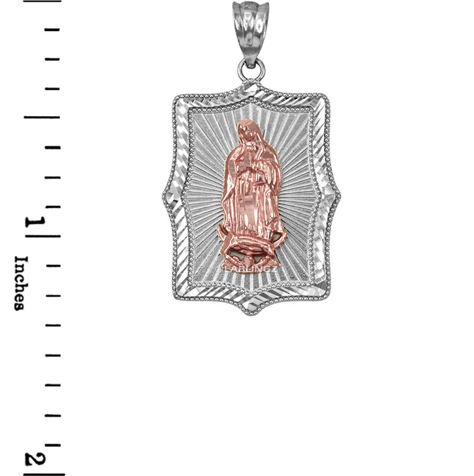 Two-Tone White & Rose Gold  Virgin Mary DC Pendant Necklace