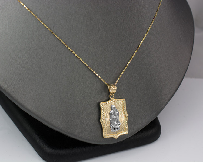 Two-Tone Yellow & White Gold  Virgin Mary DC Pendant Necklace