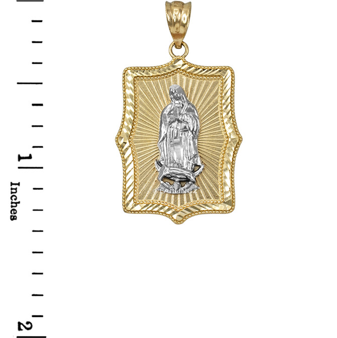 Two-Tone Yellow & White Gold  Virgin Mary DC Pendant Necklace