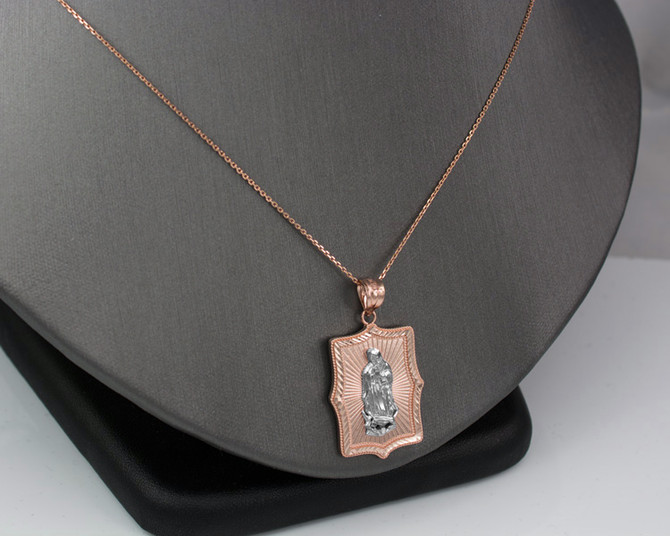 Two-Tone Rose & White Gold  Virgin Mary DC Pendant Necklace