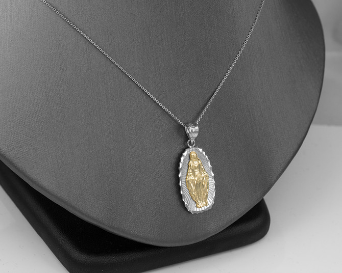 Two-Tone White & Yellow Gold  of Virgin Mary DC Pendant Necklace