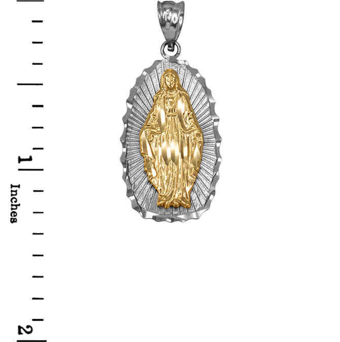 Two-Tone White & Yellow Gold  of Virgin Mary DC Pendant Necklace