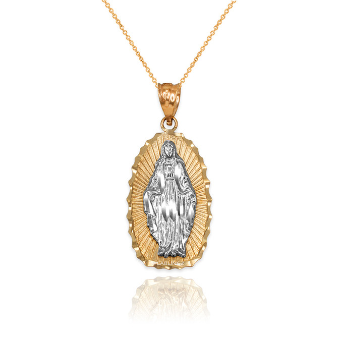 Two-Tone Yellow & White Gold  of Virgin Mary DC Pendant Necklace