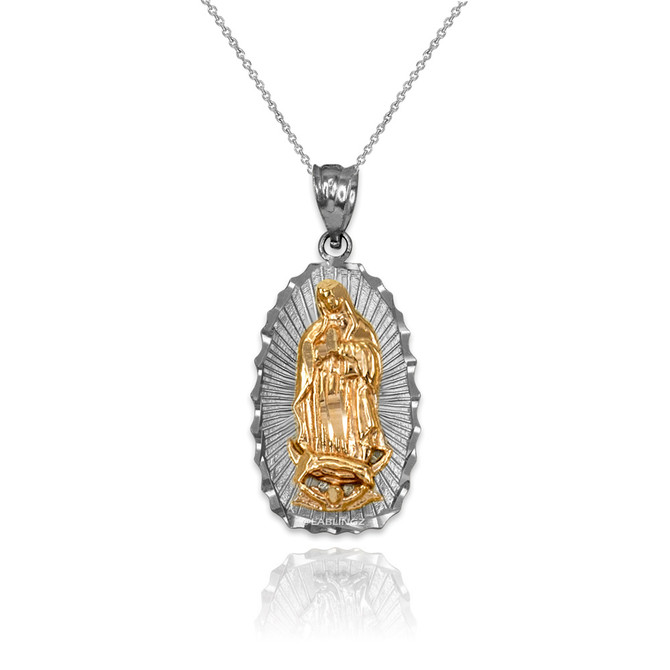 Two-Tone White & Yellow Gold Virgin Mary DC Pendant Necklace