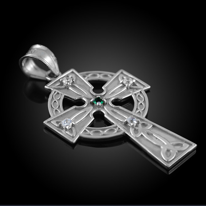 White Gold Celtic Trinity Diamond Cross Pendant with Emerald