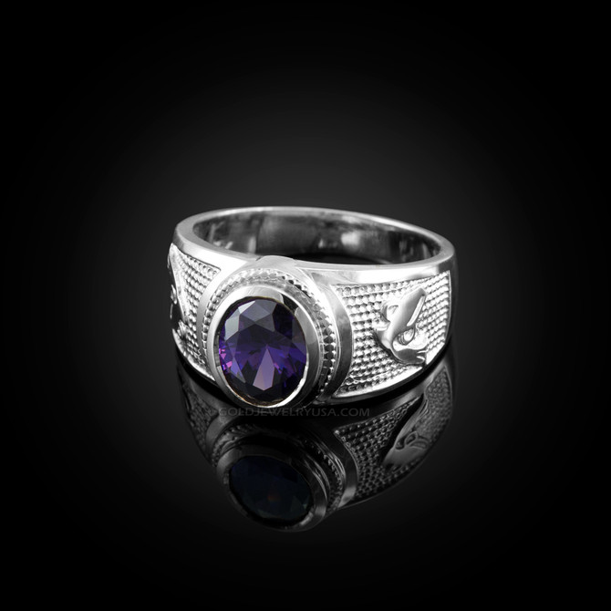 White Gold Aquarius Zodiac Sign February Birthstone Purple CZ Ring