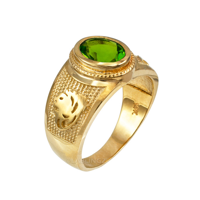 Yellow Gold Leo Zodiac Sign August Birthstone Green CZ Ring