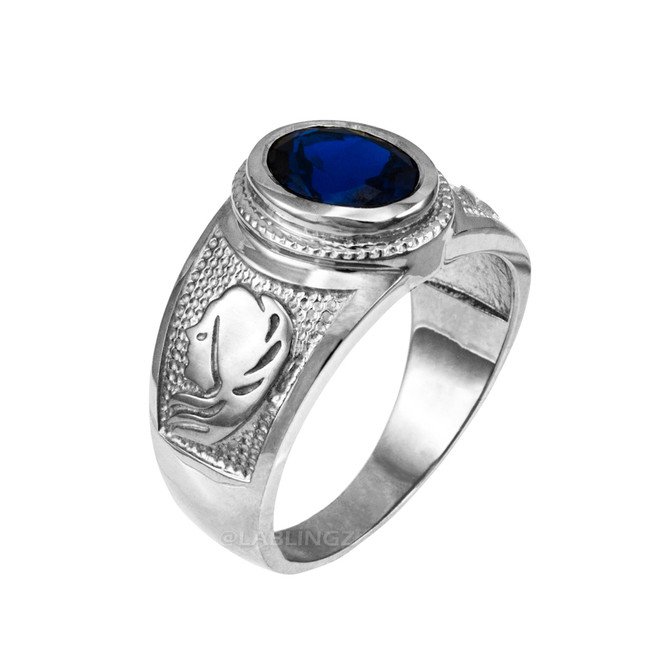 White Gold Virgo Zodiac Sign September Birthstone Blue CZ Ring