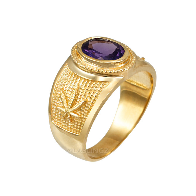 Yellow Gold Marijuana Weed Leaf CZ Birthstone Ring