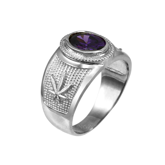 White Gold Marijuana Weed Leaf CZ Birthstone Ring