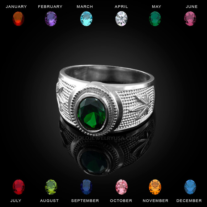 White Gold Marijuana Weed Leaf CZ Birthstone Ring