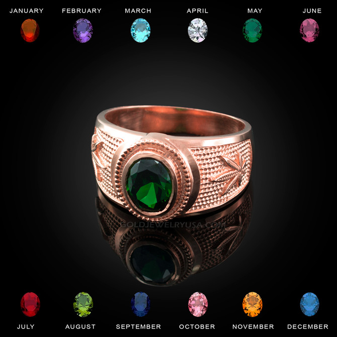 Rose Gold Marijuana Weed Leaf CZ Birthstone Ring