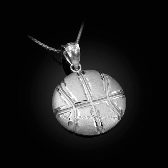 White Gold Basketball Satin DC  Pendant Necklace