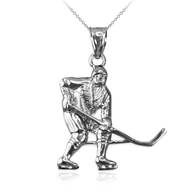 White Gold Ice Hockey Player Pendant Necklace