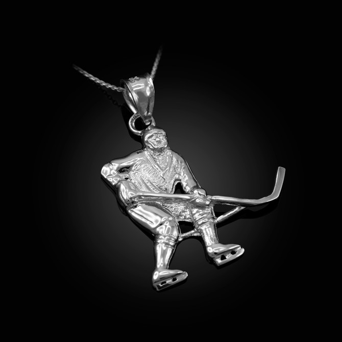 White Gold Ice Hockey Player Pendant Necklace