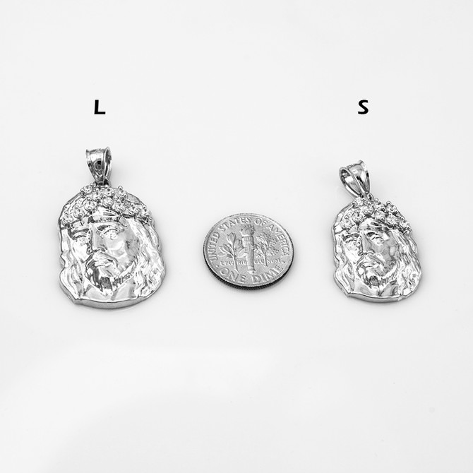 White Gold Jesus Face CZ Pendant (S/L)