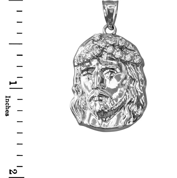 White Gold Jesus Face CZ Pendant (S/L)