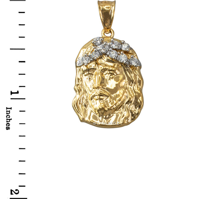 Yellow Gold Jesus Face CZ Charm Necklace