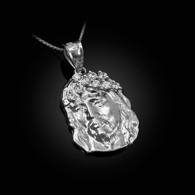 White Gold Jesus Face CZ Charm Necklace