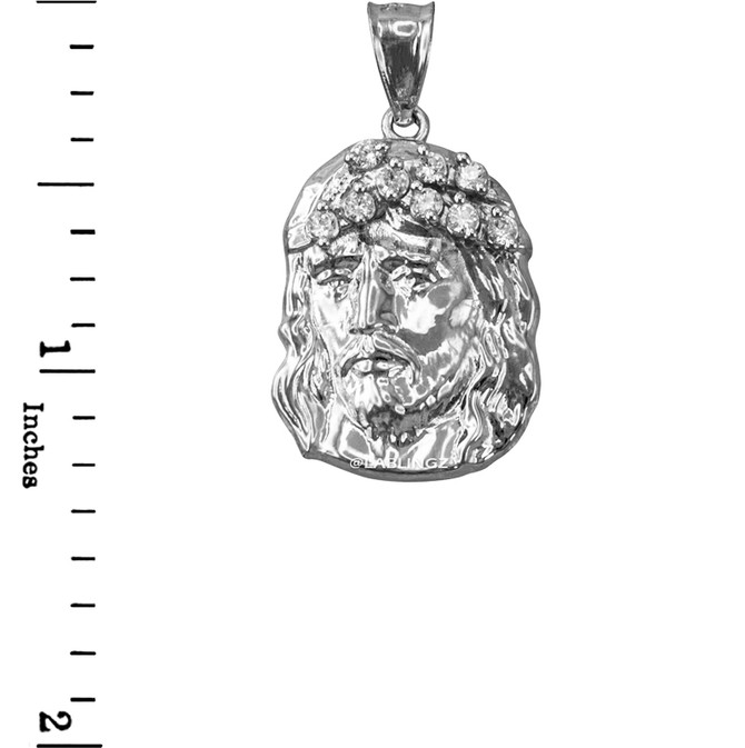 White Gold Jesus Face CZ Charm Necklace