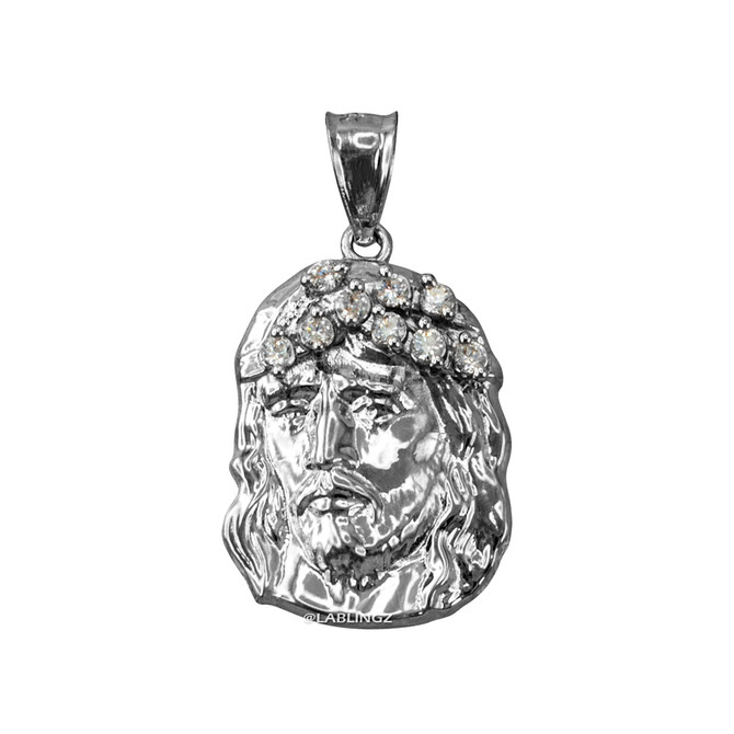 White Gold Jesus Face CZ Charm Necklace