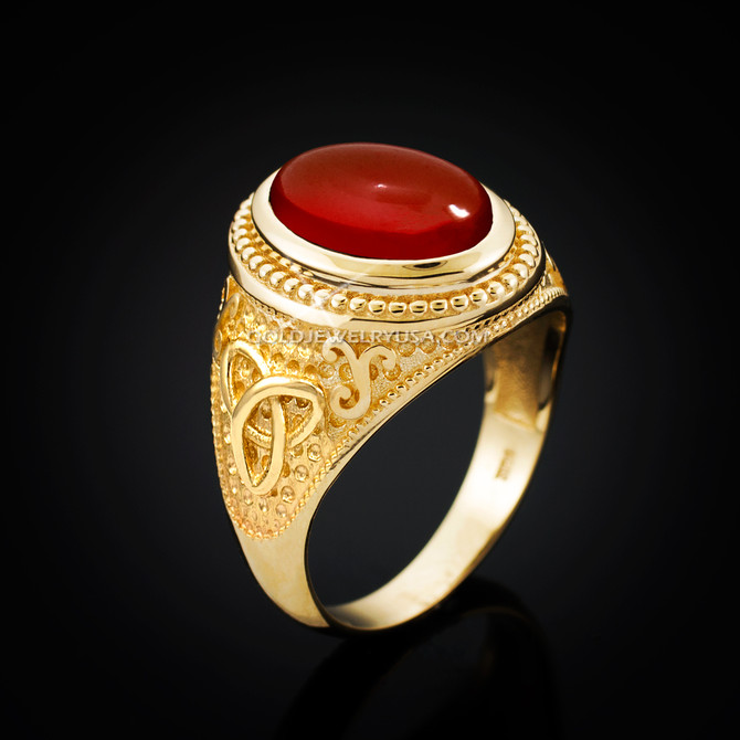 Yellow Gold Celtic Trinity Red Onyx Gemstone Ring