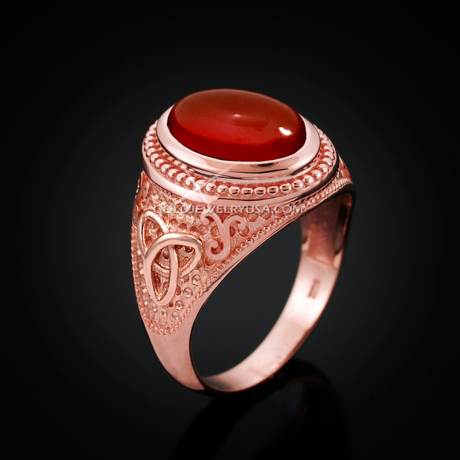 Rose Gold Celtic Trinity Red Onyx Gemstone Ring