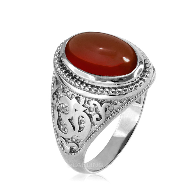 White Gold Om Oval Cabochon Red Onyx Yoga Ring