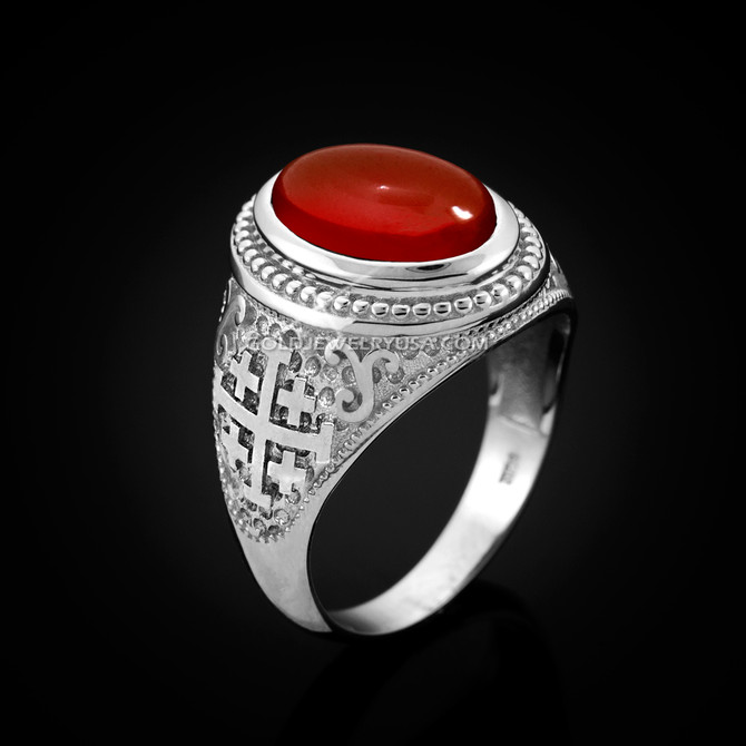 White Gold Jerusalem Cross Red Onyx Gemstone Statement Ring