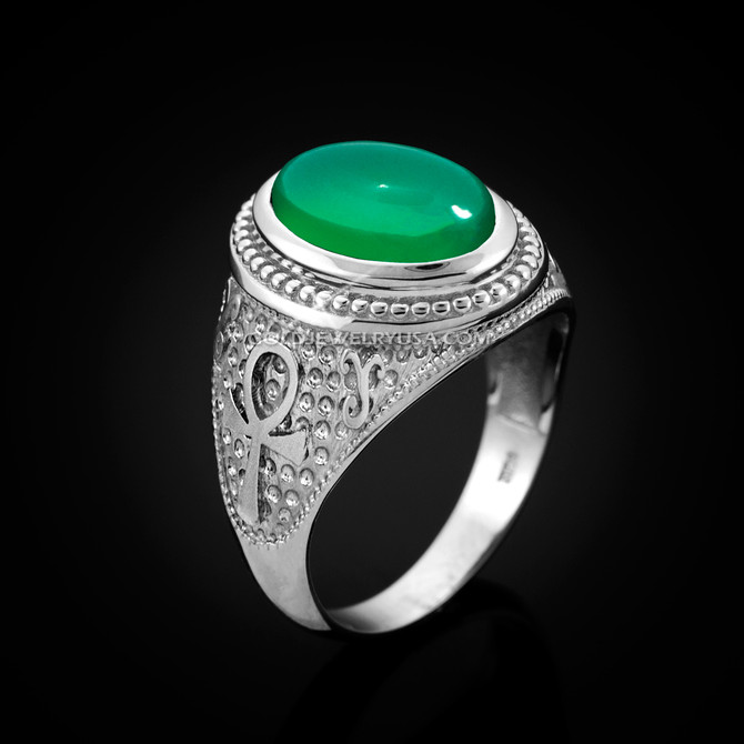 White Gold Egyptian Ankh Cross Green Onyx Statement Ring