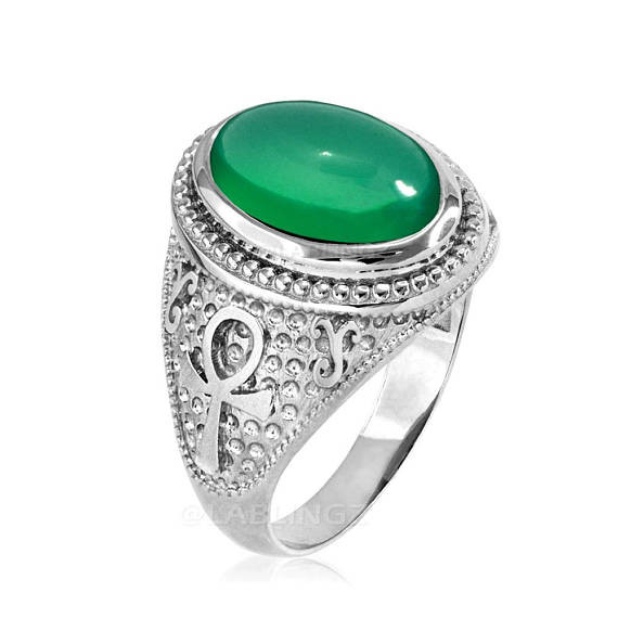 White Gold Egyptian Ankh Cross Green Onyx Statement Ring