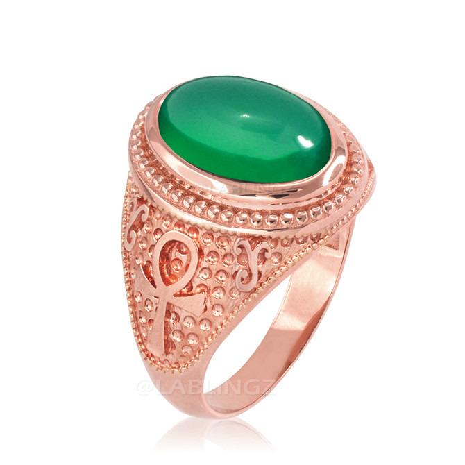 Rose Gold Egyptian Ankh Cross Green Onyx Statement Ring