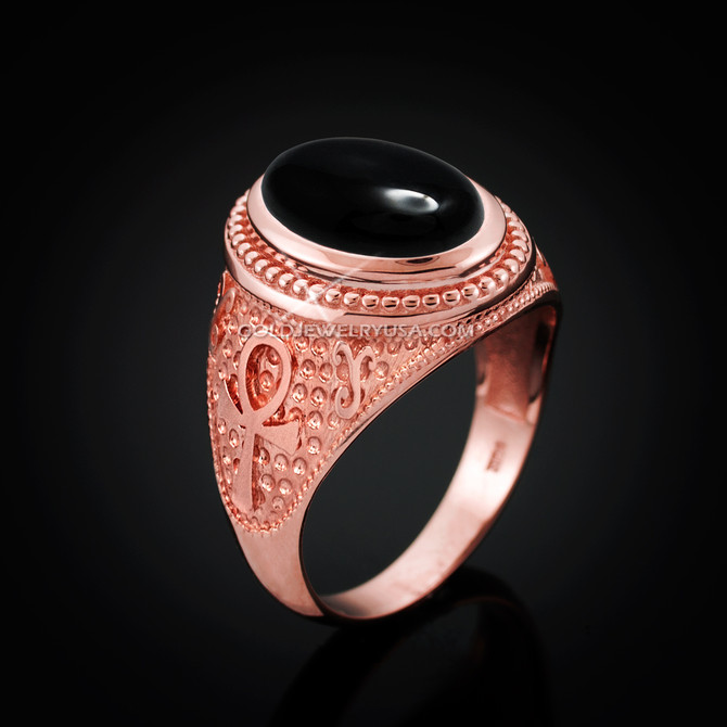 Rose Gold Egyptian Ankh Cross Black Onyx Statement Ring