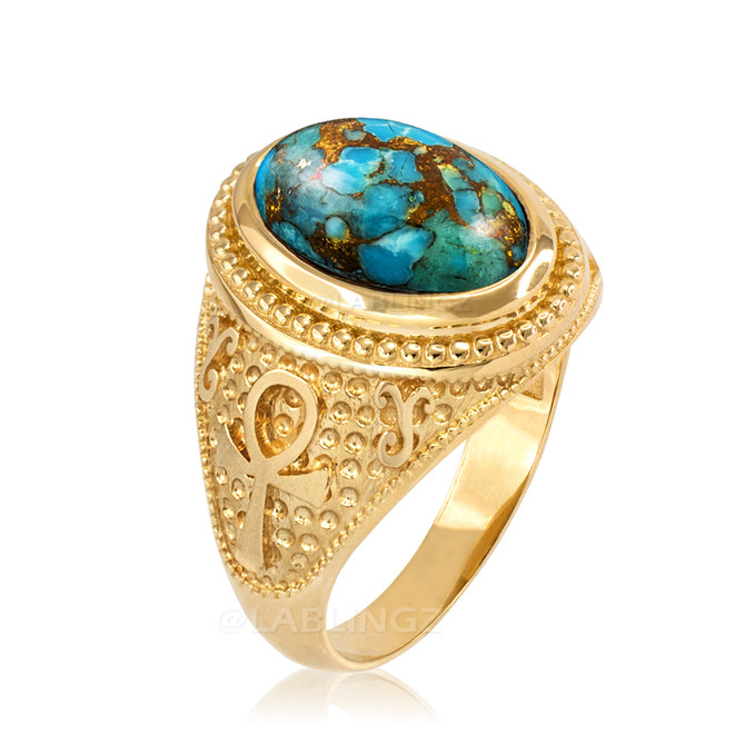 Yellow Gold Egyptian Ankh Cross Blue Copper Turquoise Statement Ring