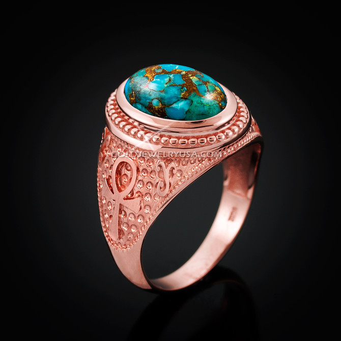 Rose Gold Egyptian Ankh Cross Blue Copper Turquoise Statement Ring