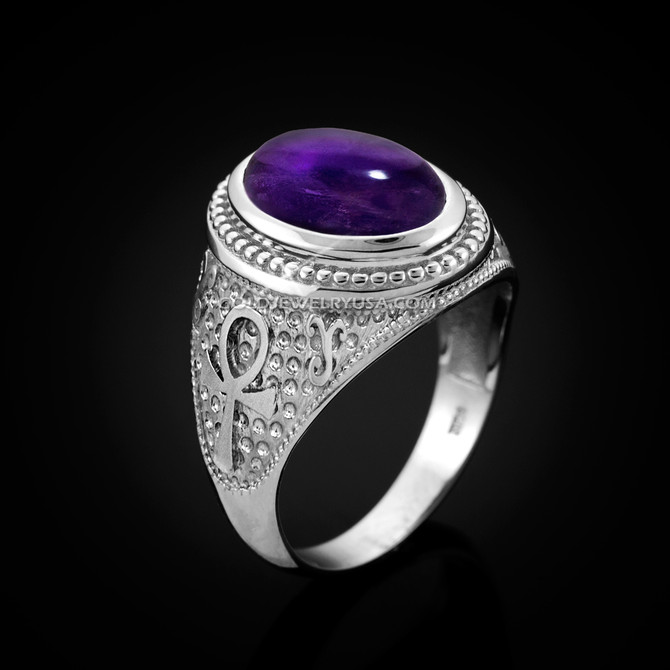 White Gold Egyptian Ankh Cross Purple Amethyst Statement Ring